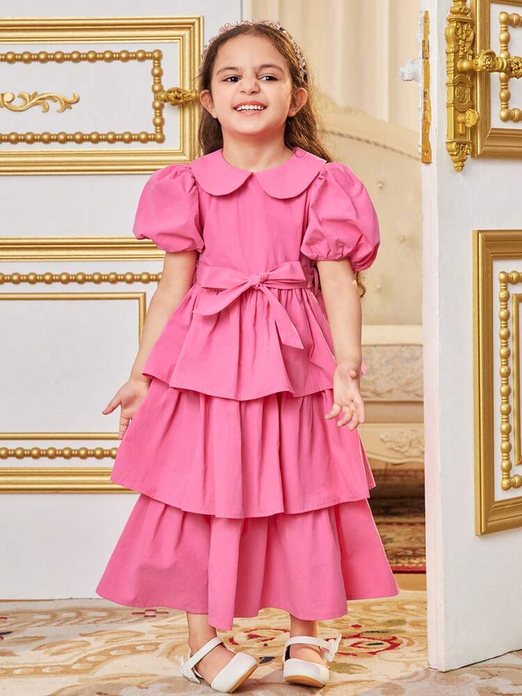 Young Girl Gorgeous Peter Pan Collar Short Sleeve Puff Sleeve Multi-Layer Ruffled Trim Dress