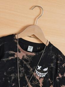 SHEIN Tween Boy Tie-Dye Print Pattern Crew Neck Short Sleeve Pullover Knit T-Shirt,Kids - Camel - View 3