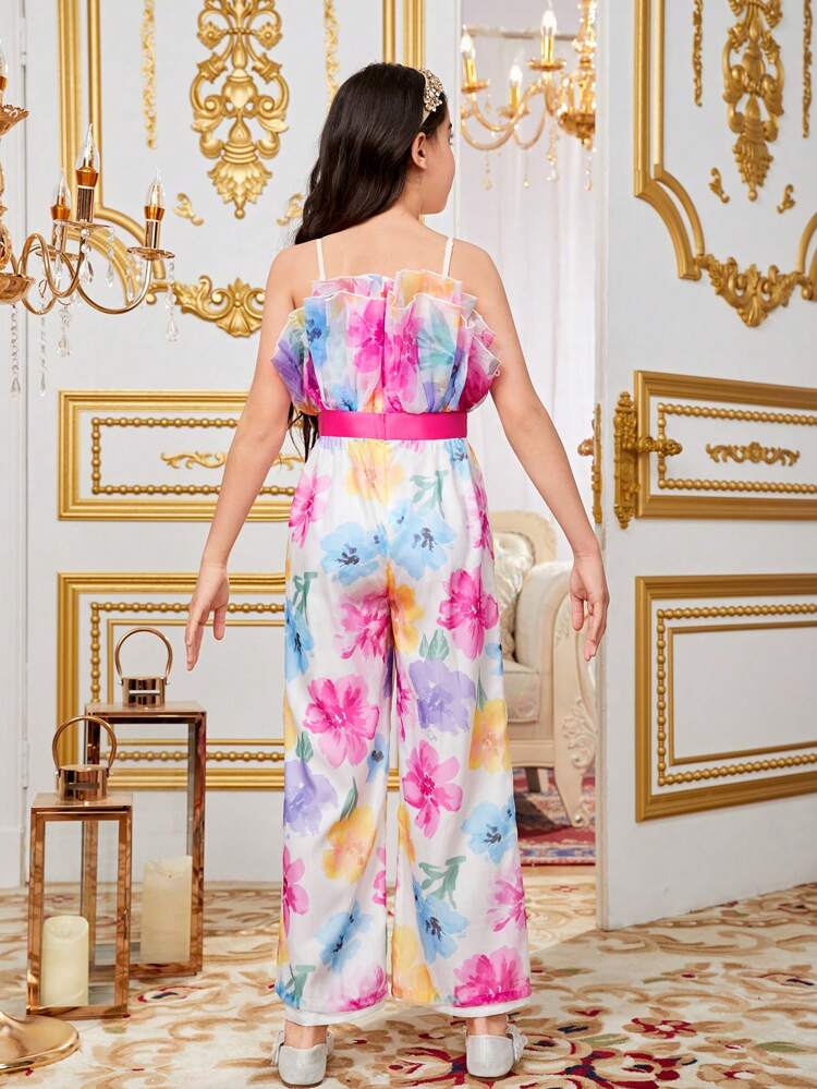Tween Girl Floral Print Casual Jumpsuit With Ruffle Hem And Large Bow Decoration