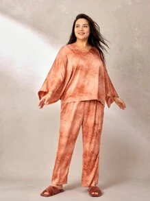 LUVLETTE Set de pijamale lungi pentru femei Vacation Plus din satin Tie-Dye cu mâneci liliac