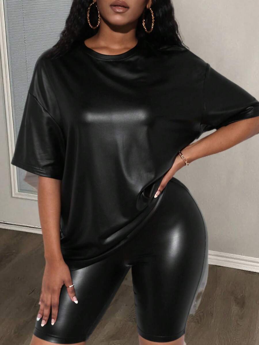 Slaydiva Drop Shoulder PU Leather Top & Biker Shorts - Black - View 1