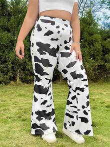 SHEIN Qutie Kích thước lớn Đen & Trắng In hoa bò Quần ống loe - Đen và trắng - Xem 4