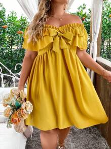 Flirla Plus Size Solid Color Off Shoulder Ruffle Hem Tie Dress - Yellow - View 4