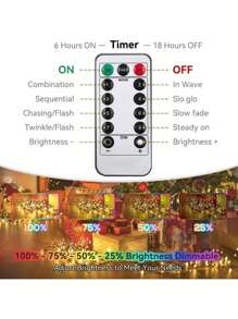 1串户外LED灯串，33英尺/100颗LED灯珠，电池供电，带遥控器，8种模式，6小时亮/18小时灭，防水，适用于圣诞树、花园、派对、节日、家居装饰、生日礼物（多色）