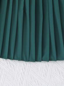 Bộ áo khoác thắt lưng và váy xếp ly có cổ màu trơn của Tween Girl - Màu xanh lá cây đậm - Xem 5
