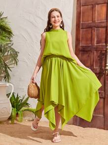 SHEIN 少女固體色調高領無袖上衣與hanky Hem裙 - 綠色 - 查看 5