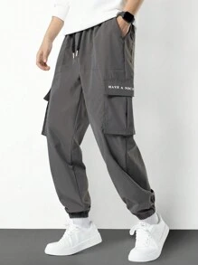 Manfinity Hypemode Men's Slogan Printed Drawstring Waist Cargo Pants - Dark Grey - View 1