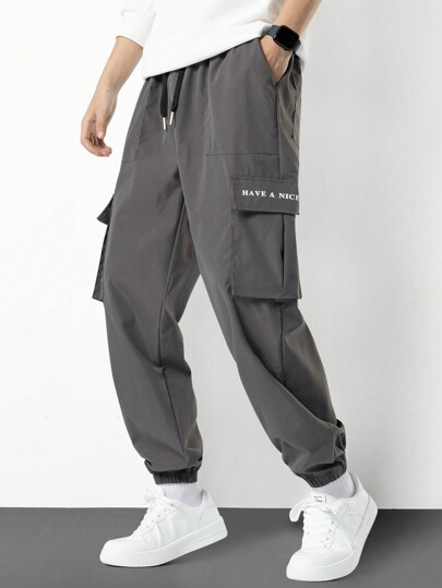Manfinity Hypemode Men's Slogan Printed Drawstring Waist Cargo Pants