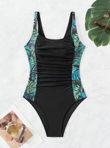 Swim Lushoire Costume Intero Donna Con Stampa Tropicale A Patchwork, Stile Abbigliamento Sportivo Estivo Da Mare Per Spiaggia, Vacanza, Viaggio, Festival, Piscina, Surf