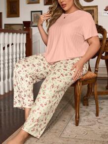 Rozmiar Plus Damski Równy Krótki Rękaw Topy I Kwiatowy Nadrukowany Długi Spodnie Komplety Piżamowe
