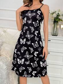 Butterfly Pattern Sleeveless Spaghetti Strap Pajama Night Dress - Black and White - View 4