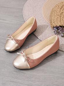 女士時尚圓頭大尺碼易穿脫舒適彩色蝴蝶結可調節芭蕾平底鞋(粉色) - 粉色 - 查看 3