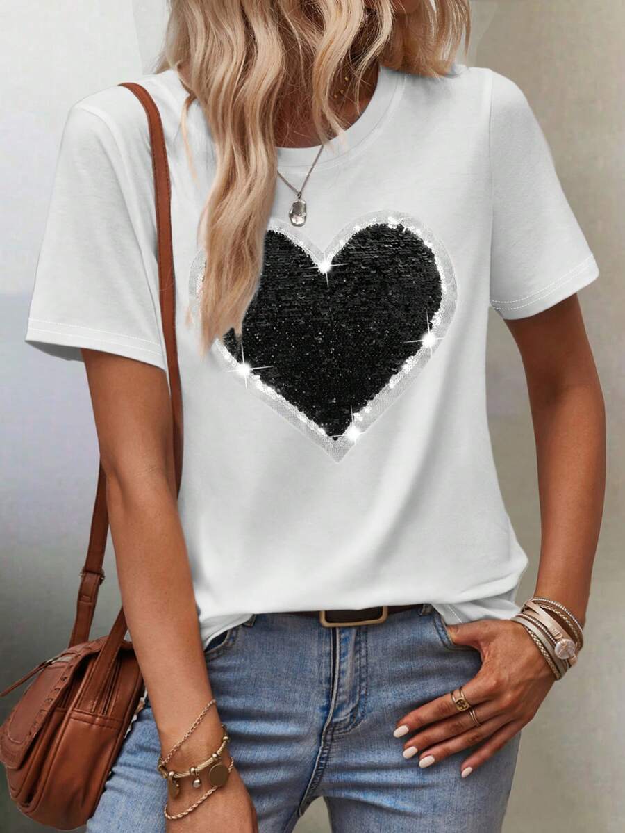 INAWLY Heart Sequin Patched Tee Graphic Tees Women Tops