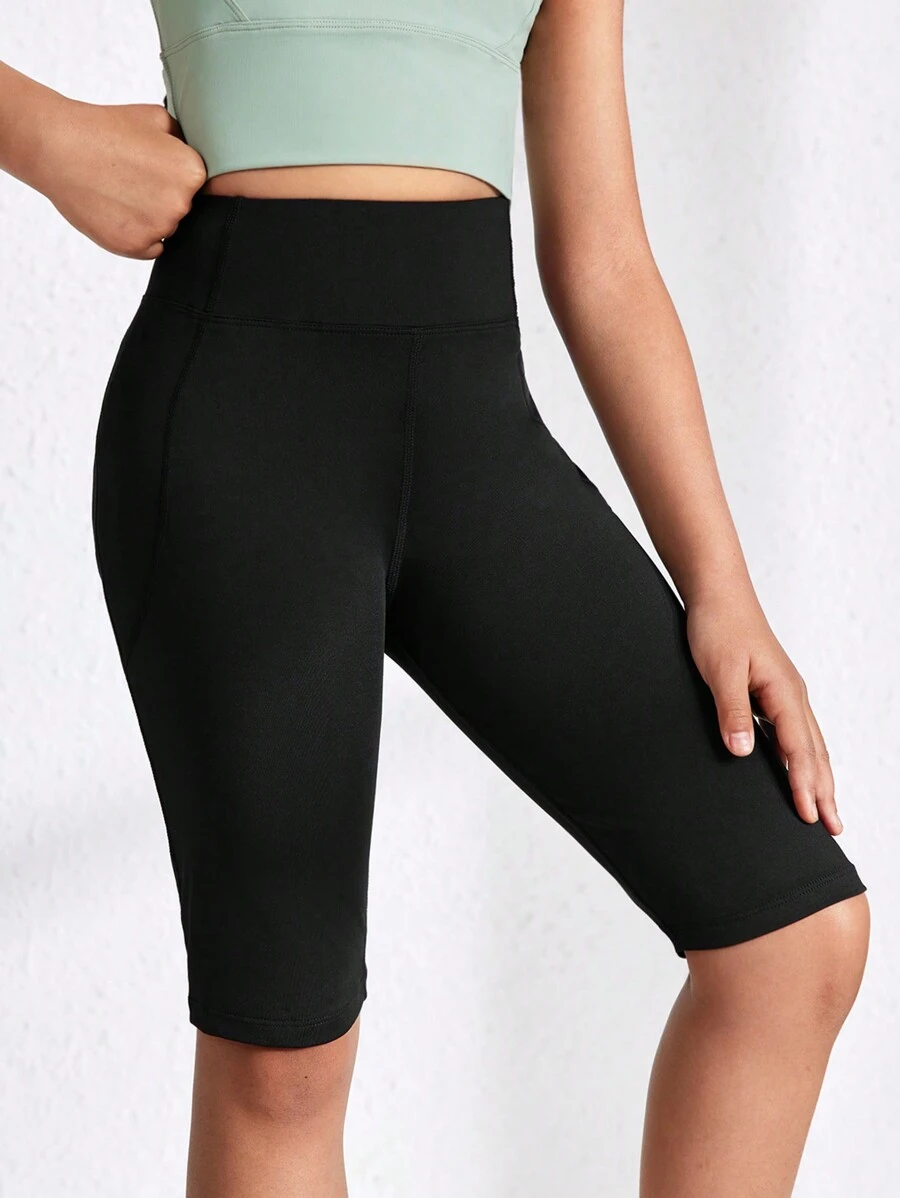 SHEIN Shorts Deportivos Simples Y Ajustados Para Niñas Preadolescentes - Negro - Ver 1