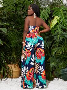 Slaydiva Summer Beach Vacation Chest Strapped Bow Cropped Top Wide-Leg Trousers Tropical Plant Print Women's Two-Piece Set