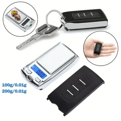 1個小型數字口袋秤,200g/100g 0.01g精度便攜式電子克重秤,lcd顯示的小型攜帶克重秤,可帶電池,汽車鑰匙形狀的電子磅秤,適用於珠寶、草藥、食品、寶石、等
