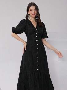 Modelyn Ladies' Solid Color Jacquard Bubble Sleeve Front Buttoned Dress Long Evening Dresses