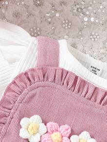 SHEIN Vintaside Kids Baby Girl 2pcs/Set Corduroy Embroidered Jumpsuit With 3d Floral Details And Matching Hat - Pink - View 7