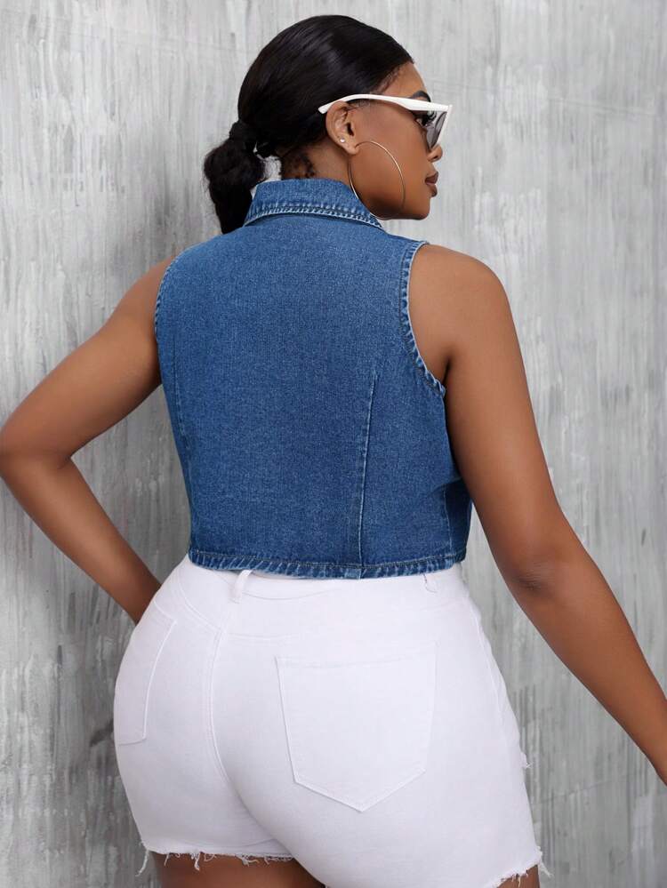 Plus Size Women Summer Double Breasted Patchwork Lapel Casual Denim Vest Jacket
