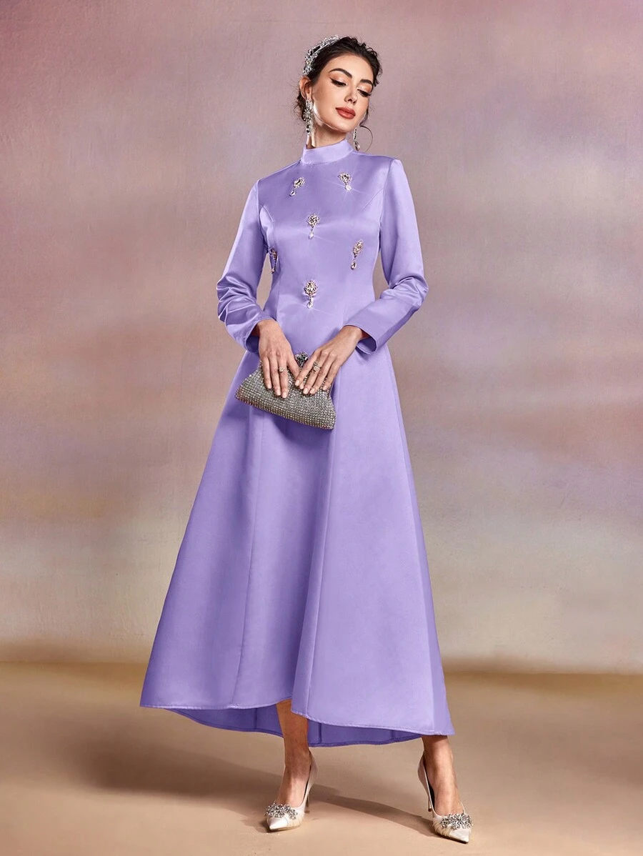 Modelyn Của phụ nữ Đứng cổ áo Ả Rập Phong cách Đầm Với Đồ trang trí Rhinestone - Màu tím hoa cà - Xem 1