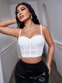 Top Corset Cami Branco Elegante Com Alça Espaguete De Renda Transparente E Sem Costas, Reforçado Por Barbatanas Para Modelagem Do Corpo, Ideal Para Noite De Encontro - Branco - Visão 3