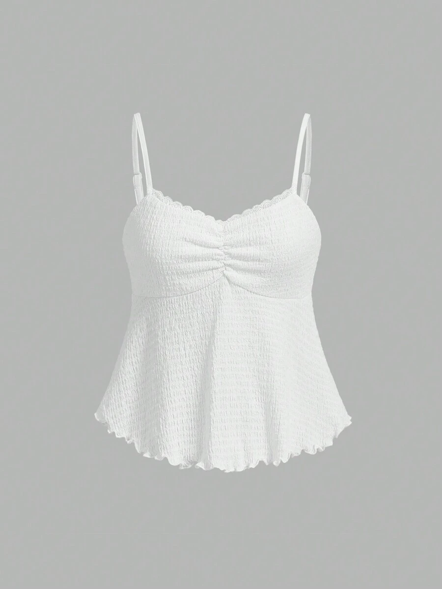 SHEIN MOD 褶皺胸前,弧形搖擺邊緣,後插紋羅紋背心上衣 - 白色 - 查看 1