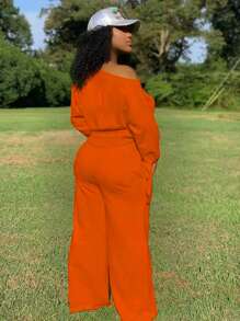 SHEIN Của phụ nữ Màu thuần Không đối xứng Vòng cổ Tay áo dài Áo Và Quần Bộ - trái cam - Xem 2