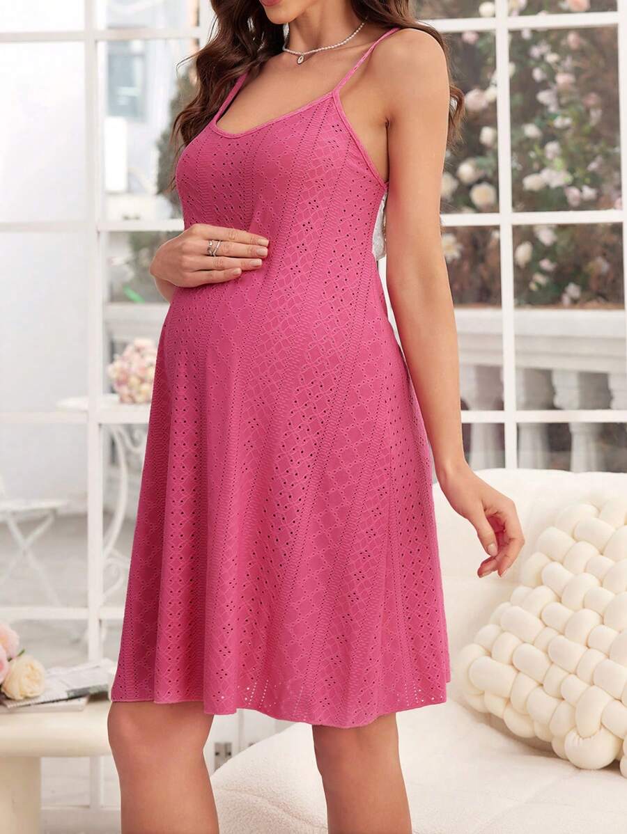Moonlight&Mama 拼色蕾丝拼接自系带孕妇睡裙，妈妈哺乳睡衣裙 - 玫紅色 - 查看 1