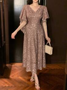 DAZY 女士闪亮荷叶边短袖A字返校礼服，新年舞会派对女士吊带裙亮片优雅女士嘉年华连衣裙 - 粉色 - 查看 6