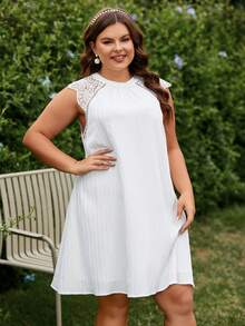 SHEIN Frenchy 大尺碼女性婚禮無袖白色蕾絲裙褶裙可愛夏季連衣裙 - 白色 - 查看 5