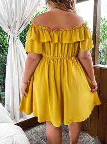 Flirla Plus Size Solid Color Off Shoulder Ruffle Hem Tie Dress - Yellow - View 2