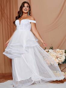Plus Size Off Shoulder Sparkly Tulle Wedding Dress With Sequin Detail - White - View 6