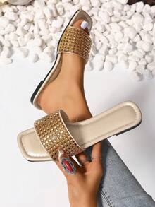 女士鑽石拼接拖鞋,夏季戶外穿著,大尺寸,開放式腳趾,扁平涼鞋,時尚百搭沙灘鞋 - 金色 - 查看 4