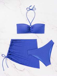 SHEIN Swim Conjunto de bikini de textura en unicolor con cuello halter y traje de baño separado, para el verano en la playa