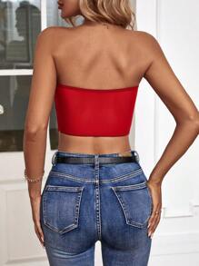 SHEIN Privé Top Corto De Encaje De Color Sólido Con Diseño Sin Tirantes Para Mujeres - Burdeos - Ver 2