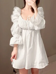DAZY Round Neck Tie Waist Ruffle Sleeve Dress, Fall Dress Long Sleeve Dress - White - View 5