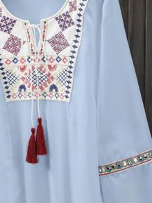 Mulvari Thêu Hình học Tie Trước Tay áo lồng đèn Áo sơ mi - Màu xanh lam - Xem 4