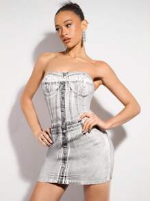 SHEIN BAE 性感彈力女士牛仔無肩帶迷你連身裙&修身裙&音樂節