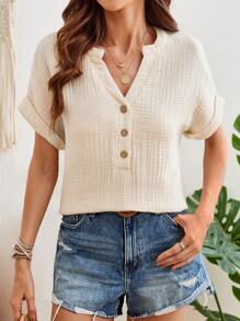 SHEIN LUNE Women' Solid Color Notched Neck Batwing Sleeve Shirt - Apricot - View 1