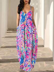 Vacation Style All-Over Print Pocket Strap Dress, Spring/Summer - Multicolor - View 1