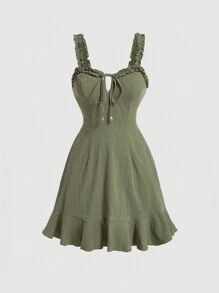 SHEIN MOD Light Green Spaghetti Strap Dress With Frill Trim - Army Green - View 1