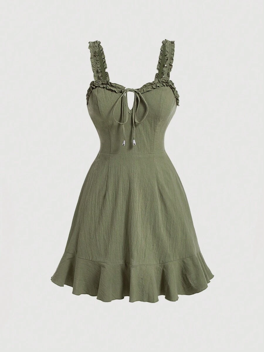 SHEIN MOD Light Green Spaghetti Strap Dress With Frill Trim - Army Green - View 1