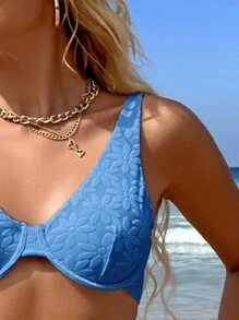 Swim Mod Floral Embossed V-Neck Vest And Triangle Bikini Set Bottom Set, Underwire Bikini Set Bathing Suit Beach Outfit Summer Vacation,Summer Beach - Royal Blue - View 4