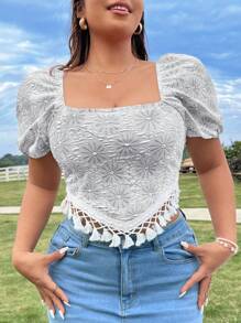 SHEIN SunnyBelle Kích thước lớn Của phụ nữ Mô hình hoa Textured Fringe Hem Áo sơ mi - Xám - Xem 1