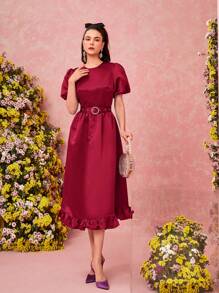 Modelyn Đầm dạ hội dài cổ tròn tay bồng bèo nhún màu trơn - Đỏ - Xem 4