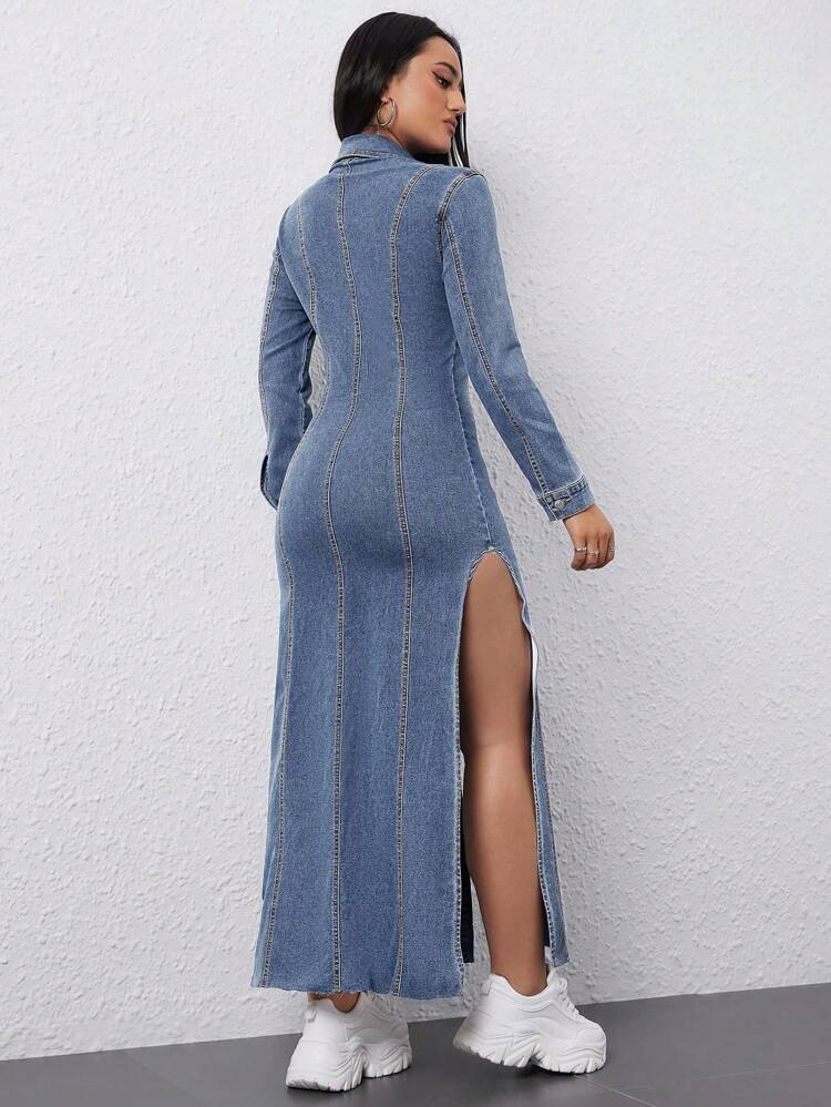 Ladies' Thigh-High Slit Denim Dress With Front Buttons
