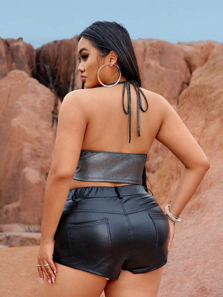 Plus Size Silver Metal Coating Ribbed Fabric Swing V-Neck Concert Outfits Music Festival Spring/Summer Vacation Top With Pointed Hem And Neckline Chain