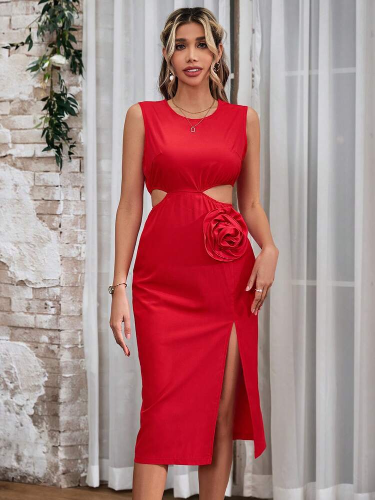 Ladies' Solid Color Split Hem Dress With 3d Floral Accents And Hollow Design