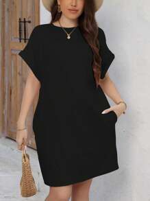 INAWLY Plus Size Round Neck Batwing Sleeve Casual Dress - Black - View 1