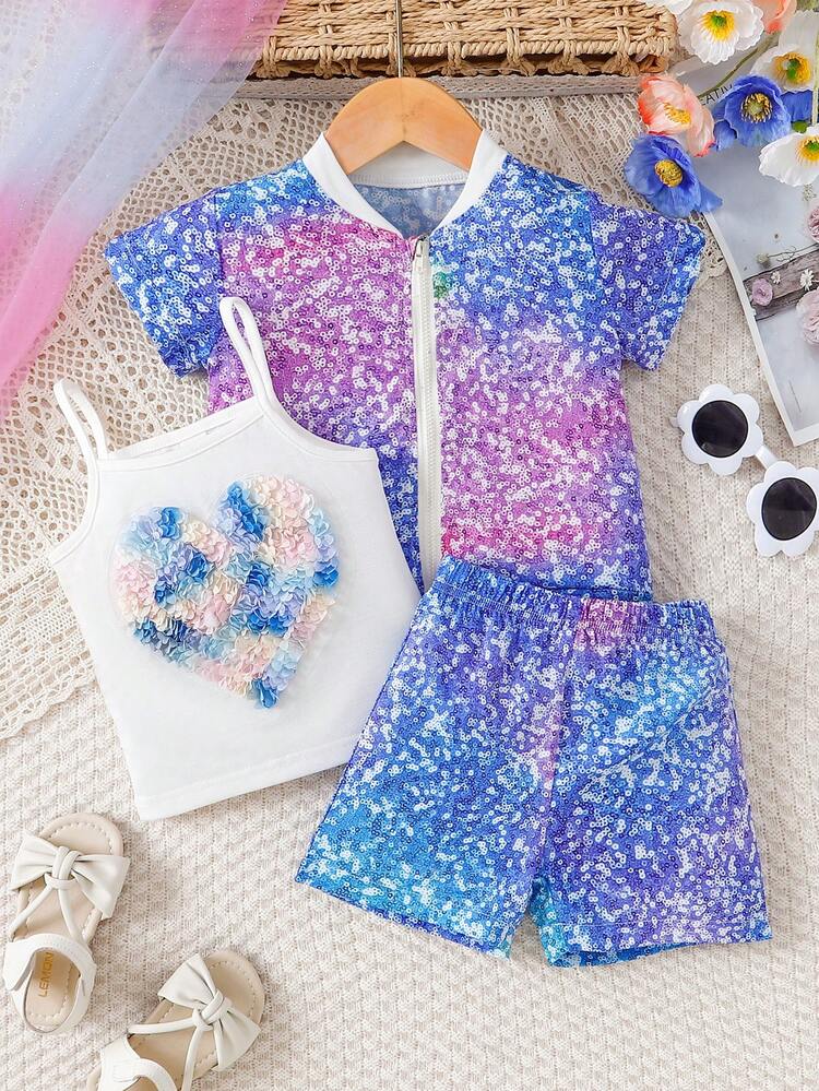 Baby Girl Sparkly Printed Short Sleeve Baseball Collar Jacket Top, Cami And Shorts 3pcs/Set